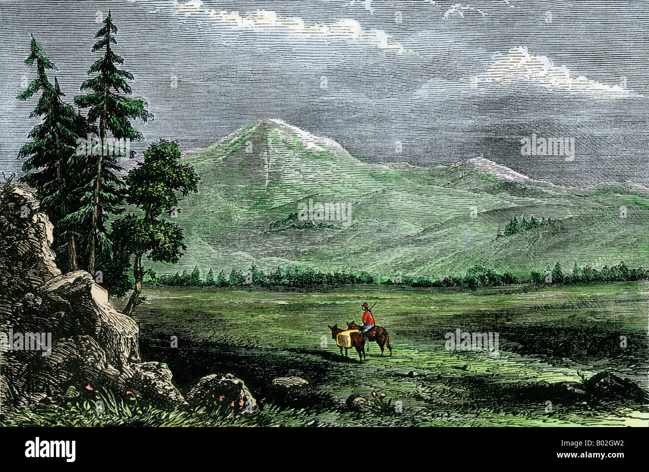 Viaggiatore con un pack horse nelle Montagne Rocciose. Colorate a mano la xilografia Foto Stock