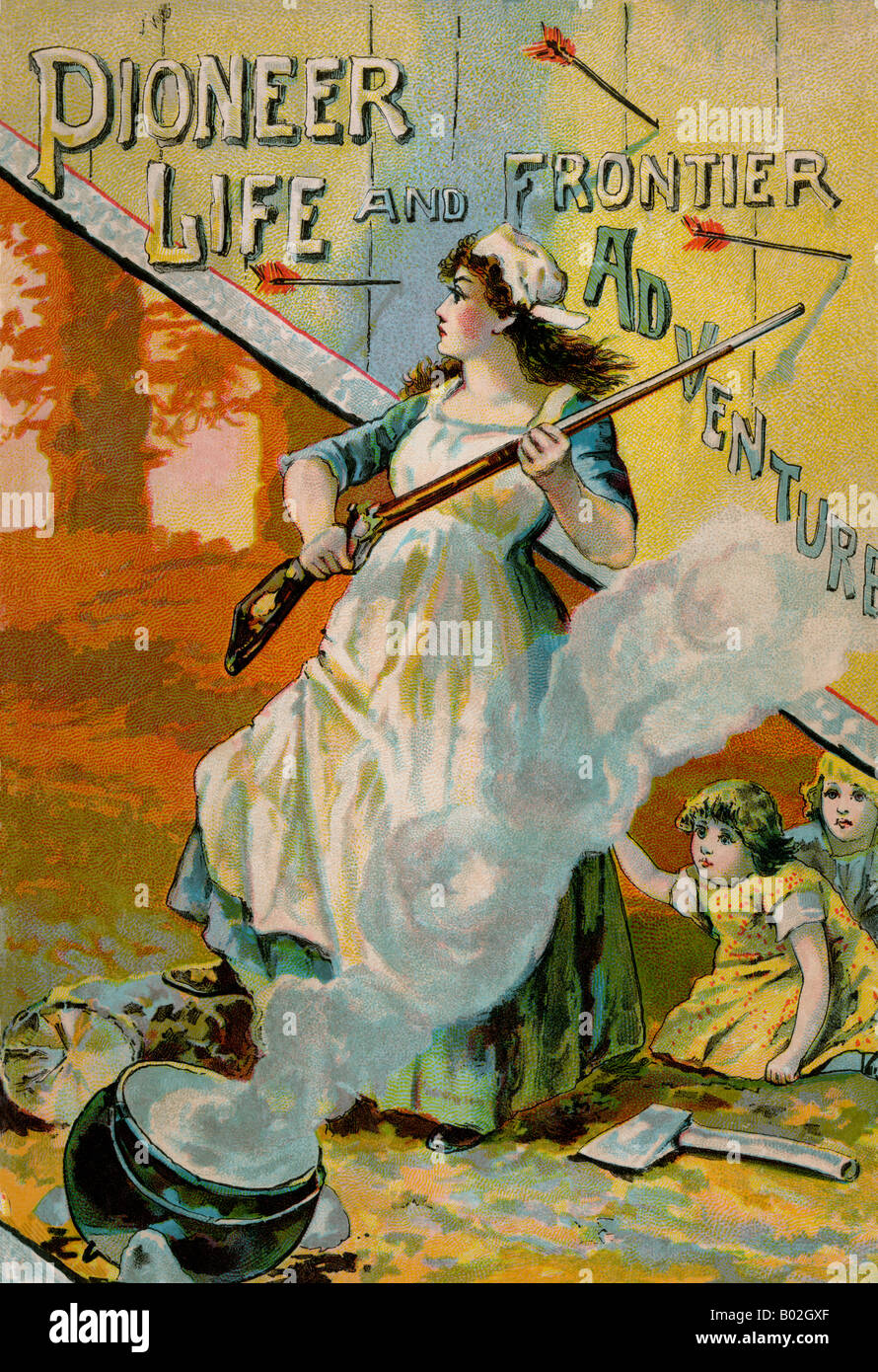 La copertina del libro pioniere, la vita e le avventure di frontiera da D C Peters, pubblicato in Boston 1880. Litografia a colori Foto Stock