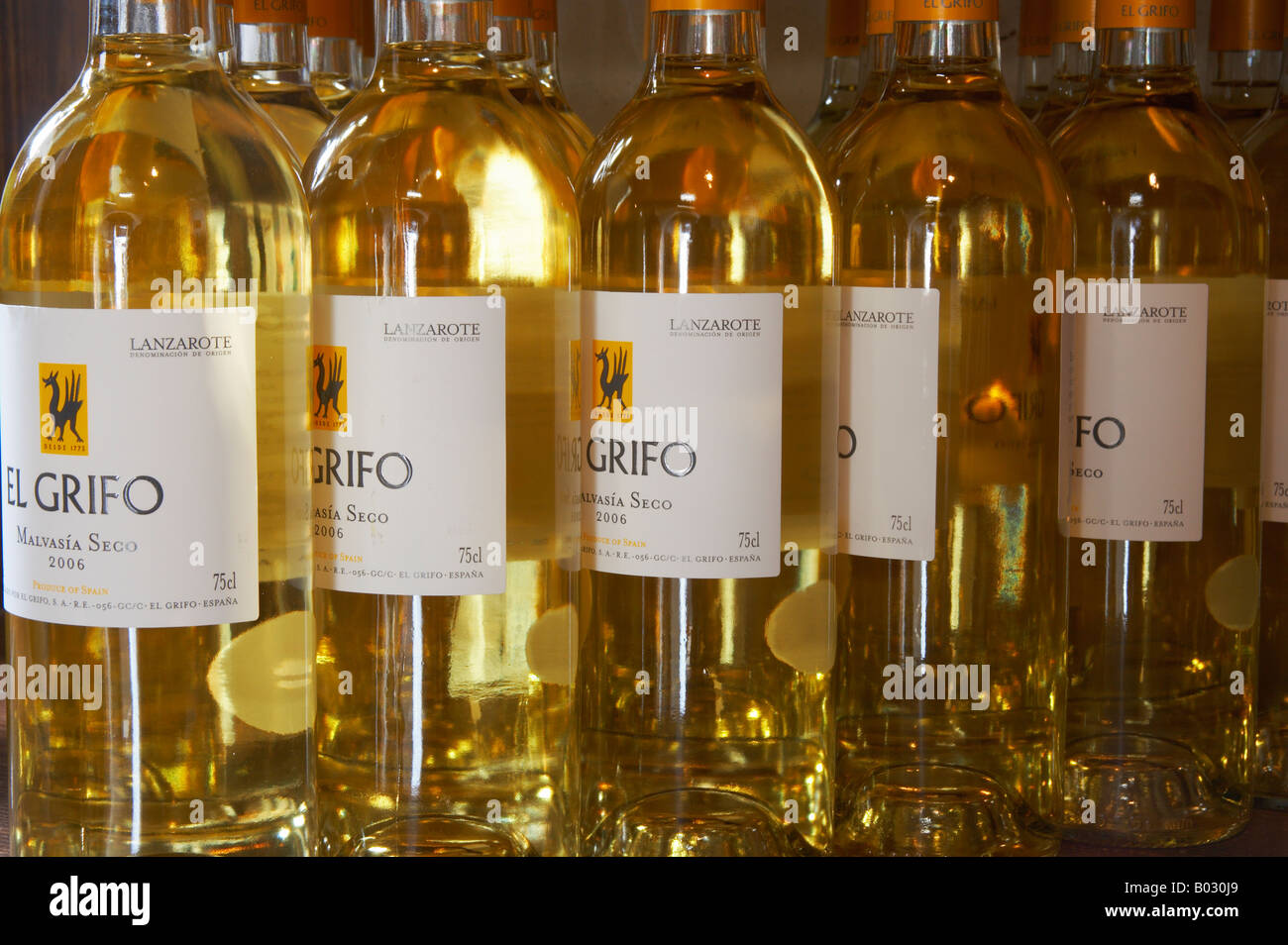 Lanzarote: produzione locale 'El Grifo' vino bianco secco sul display In Museum Shop In La Geria. Foto Stock