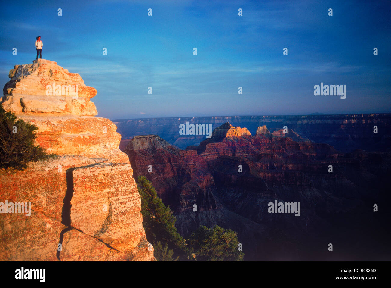 Visitatore su Bright Angel punto lungo North Rim Grand Canyon nella luce del tramonto Foto Stock