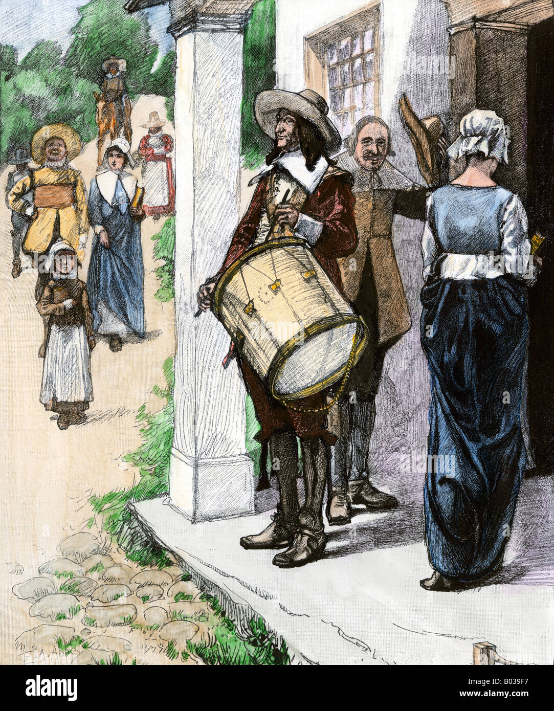 Il batterista chiamando presto nuovi coloni in Inghilterra al servizio di chiesa 1600s. Colorate a mano la xilografia Foto Stock