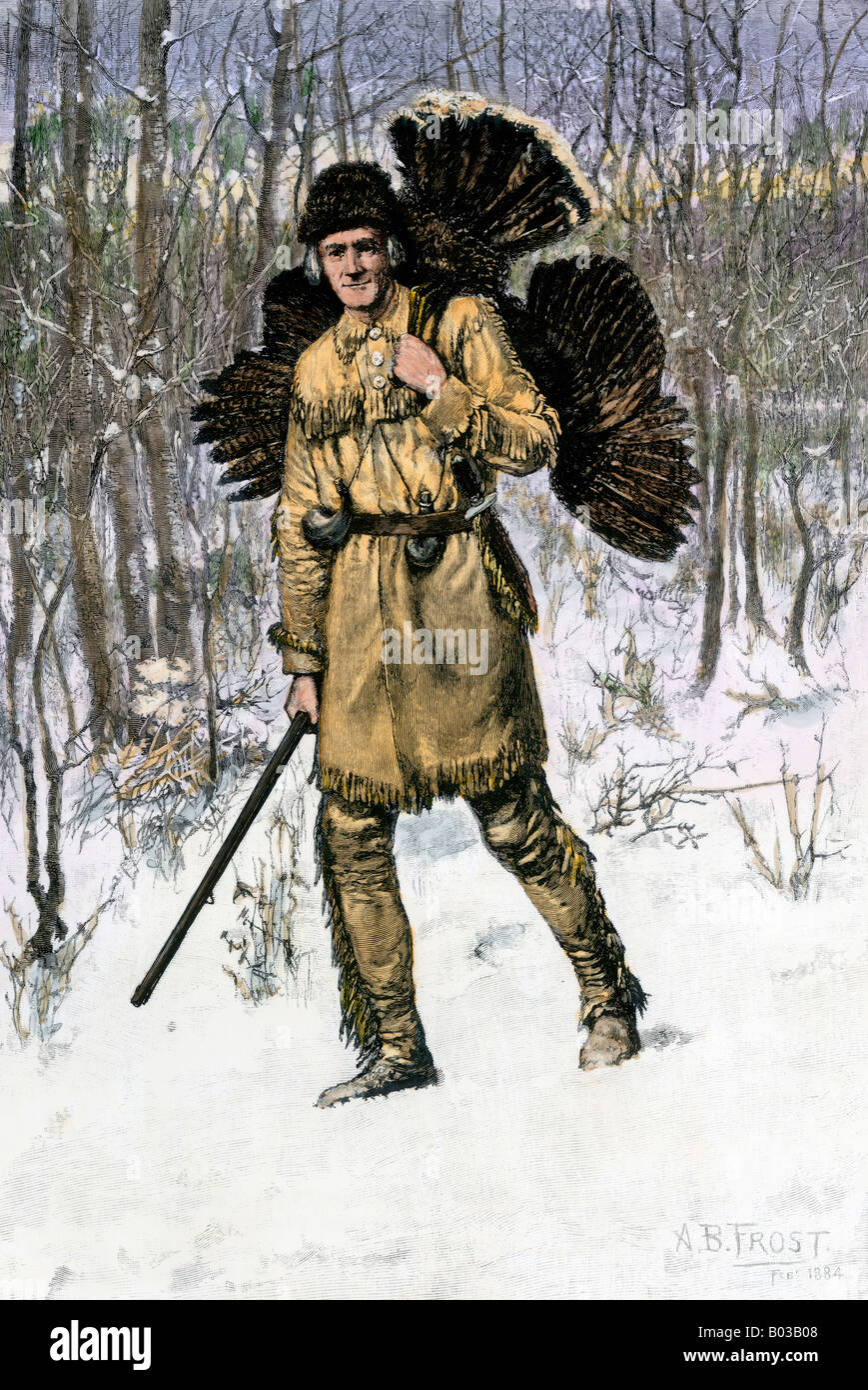 Hunter in daino portante una Turchia home attraverso il bosco d'inverno. Colorate a mano la xilografia di un A. B. Frost illustrazione Foto Stock