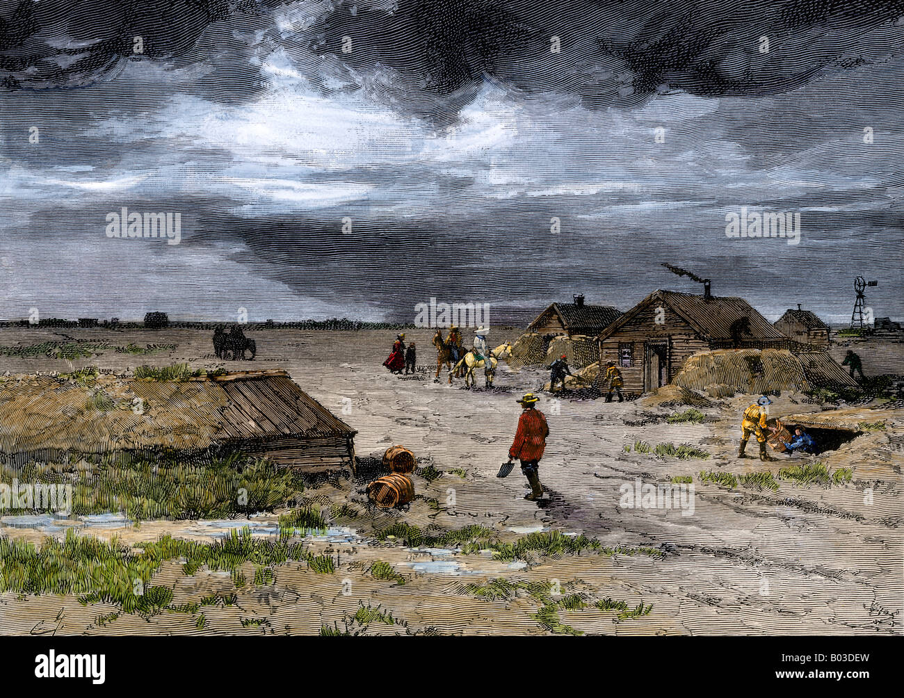 Bancario a prairie farm con zolla per l'inverno nel territorio Dakota 1880. Colorate a mano la xilografia Foto Stock