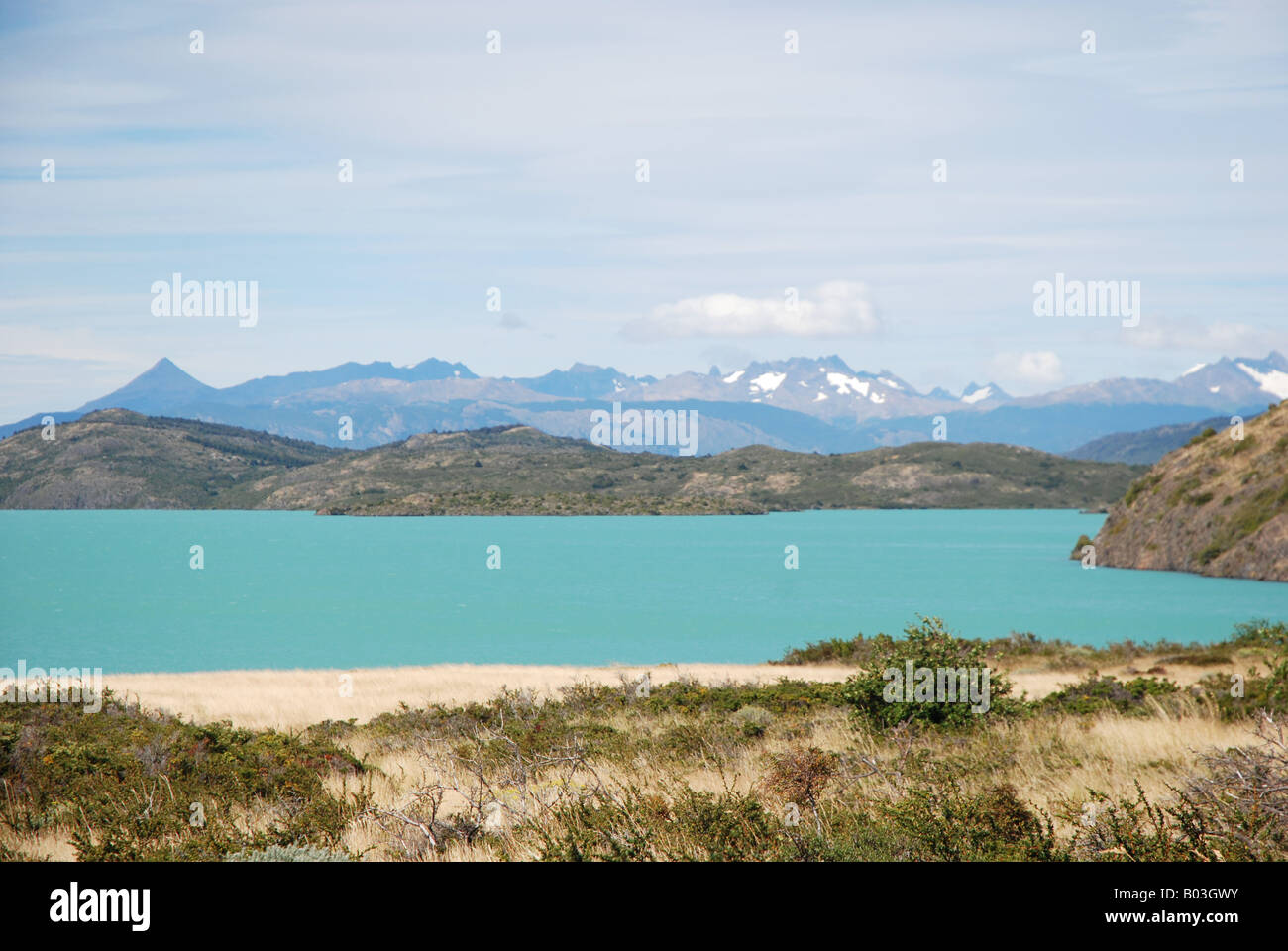 Il lago Pehoe nel Parco Nazionale di Torres del Paine nella Patagonia cilena, Sud America Foto Stock