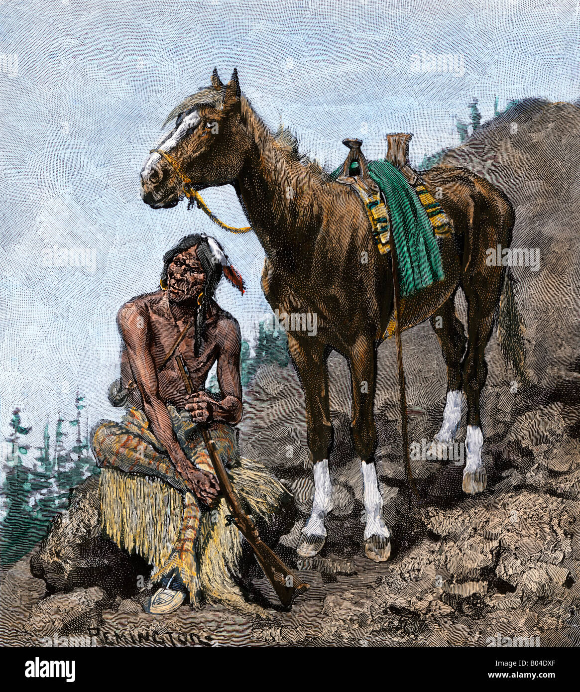 Nativa Americana con il suo cavallo su un sentiero tra le Montagne Rocciose 1800s. Colorate a mano la xilografia di Frederic Remington illustrazione Foto Stock