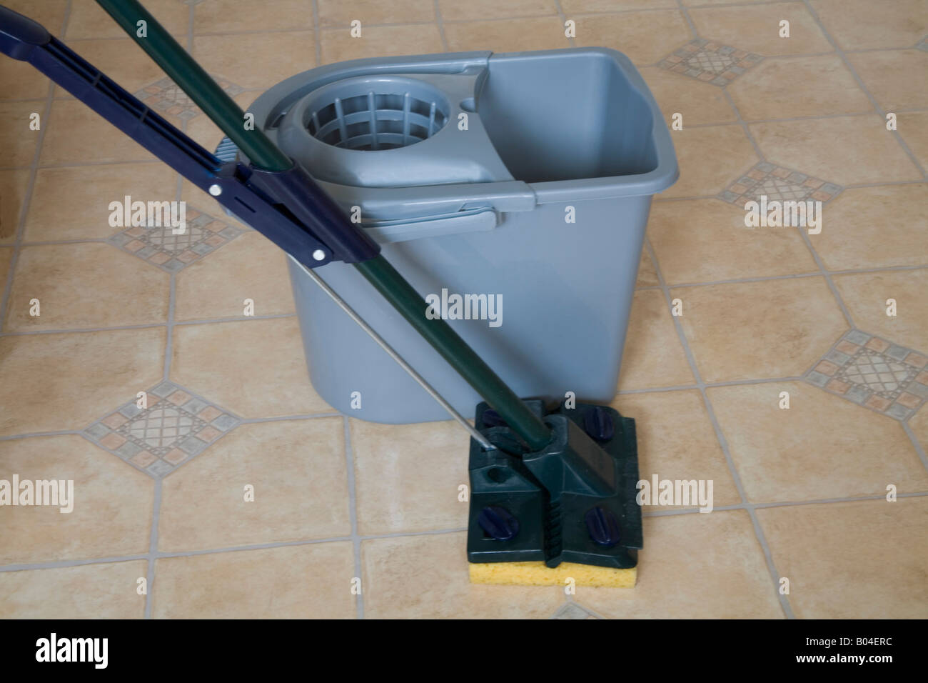 Ancora la vita di studio vicino fino a spatola spugna mop grigio e benna per la pulizia di un pavimento da cucina Foto Stock