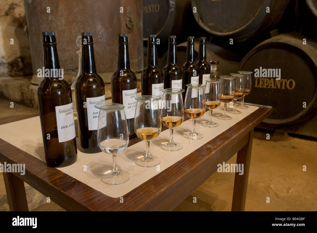 Le bottiglie e i bicchieri sul display nella Bodega delle acqueviti presso il Gruppo Gonzalez Byass, città di Jerez de la Frontera, Costa de la Luz Foto Stock