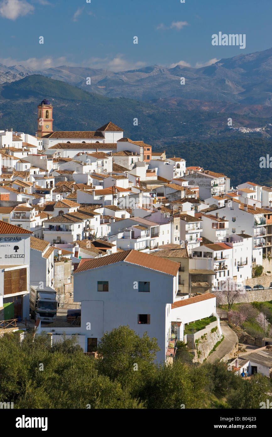 Villaggio bianco di Algatocin, Pueblos Blancos, backdropped mediante la Serrania Penibetica e la Serrania de Ronda, Costa del Sol Foto Stock