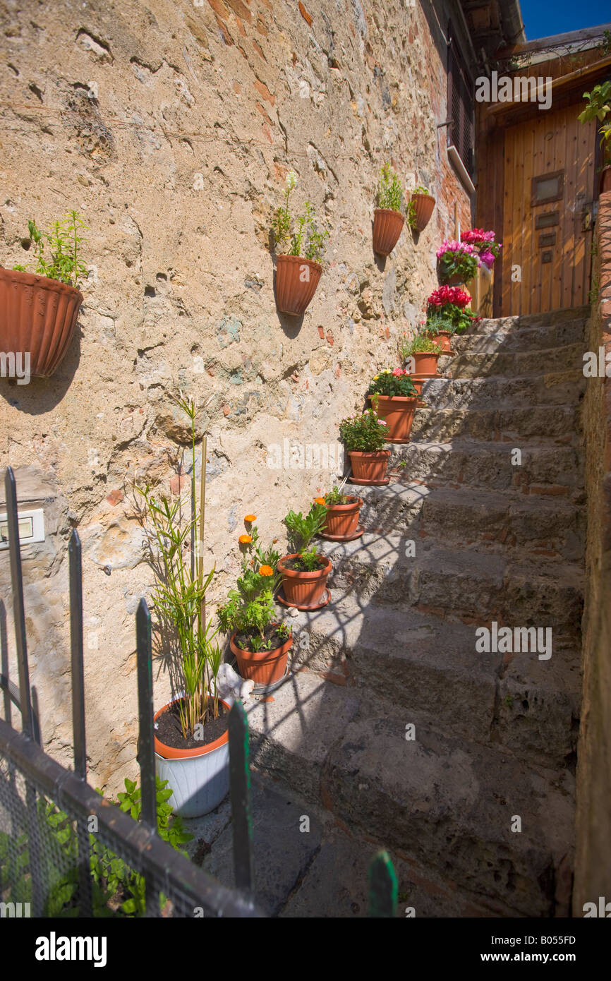 Passi adornata con vasi di fiori e piante nel comune di Monteriggioni, in  provincia di Siena, Regione Toscana, Italia, Europa Foto stock - Alamy