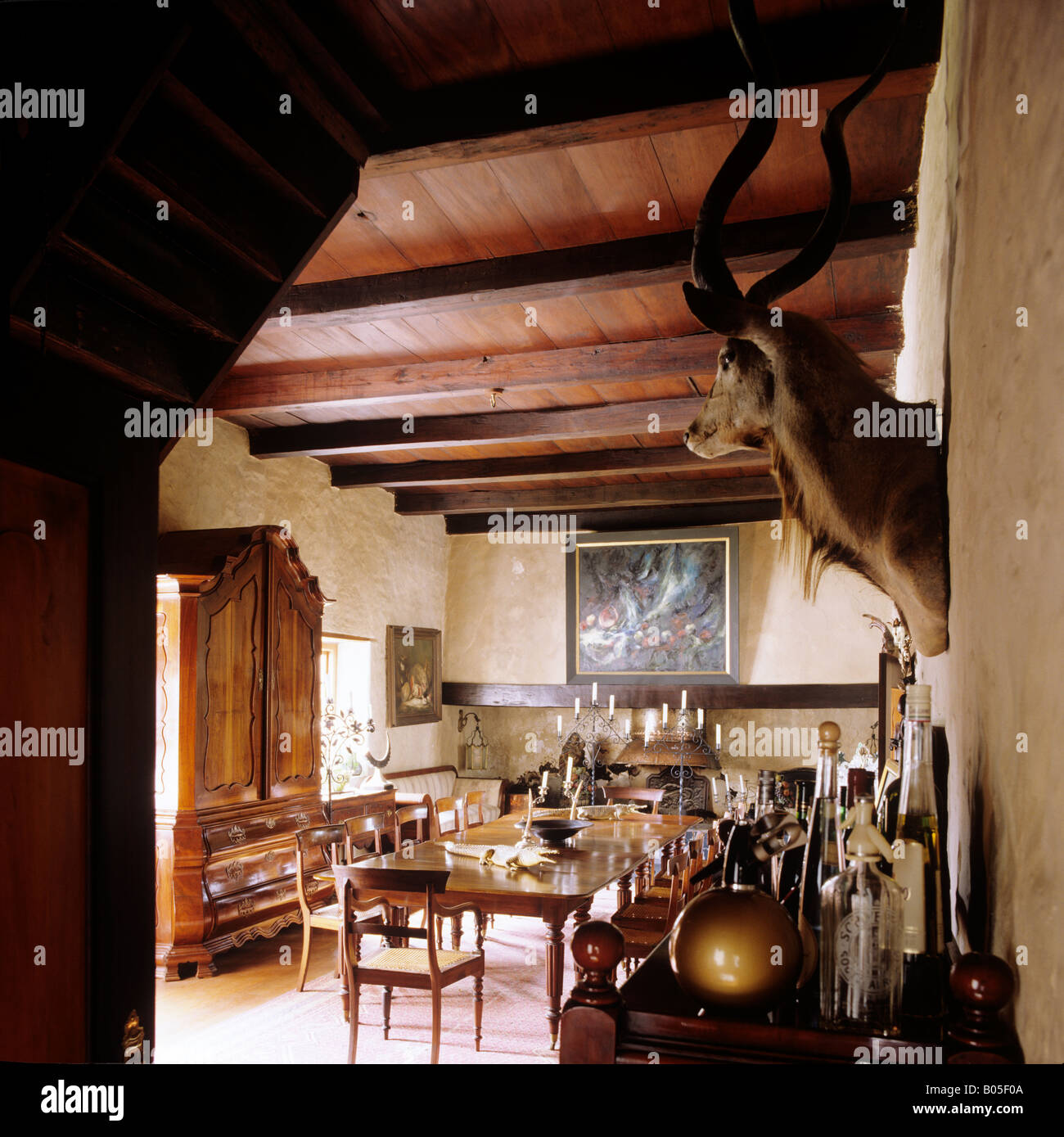 Vista della sala da pranzo con ripieni kudu testa in South African Cape Dutch homestead Foto Stock