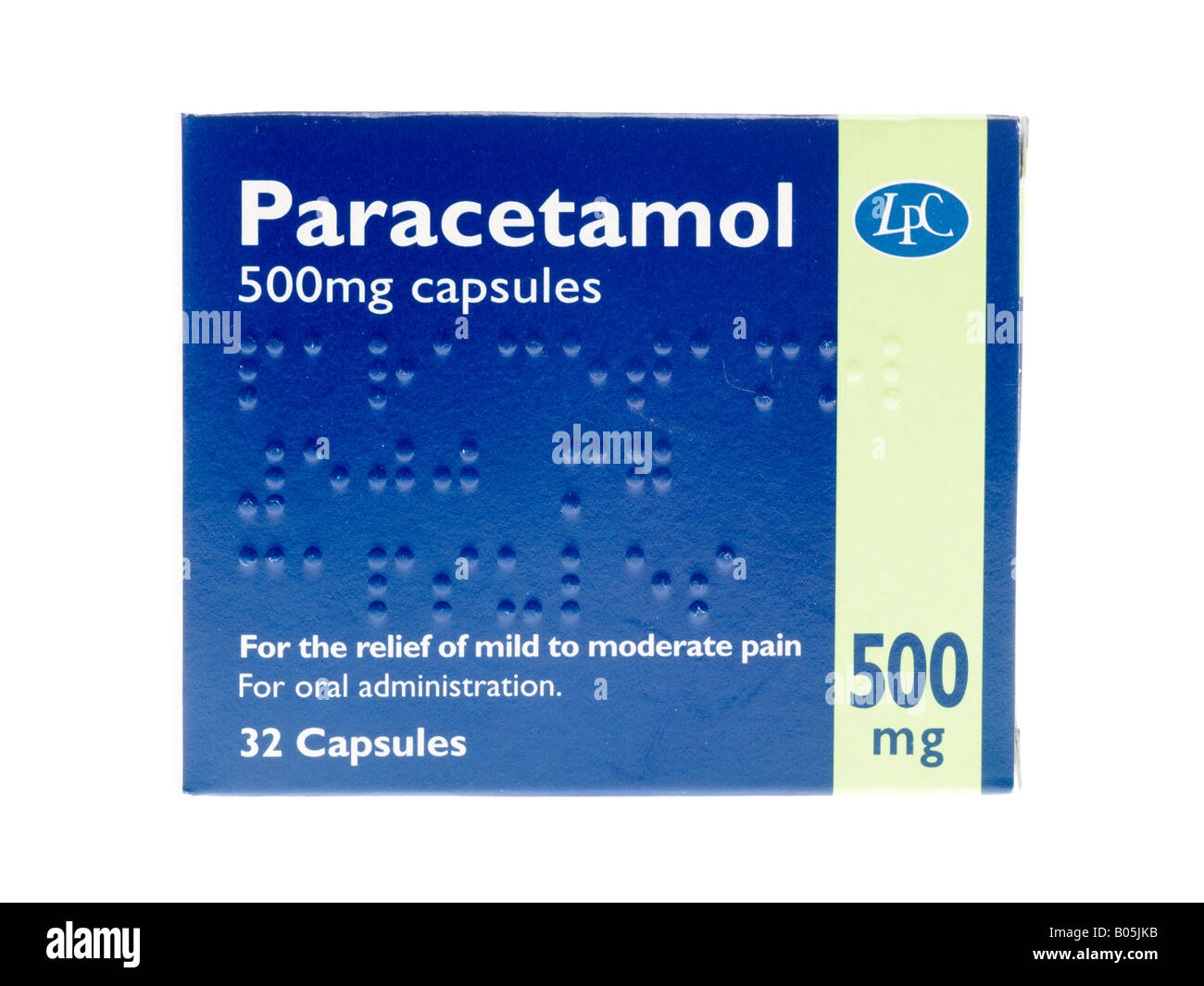 Scatola o scatola di 500 mg compresse o capsule di riduzione del dolore di paracetamolo, disponibili sul banco, isolata su bianco senza persone Foto Stock
