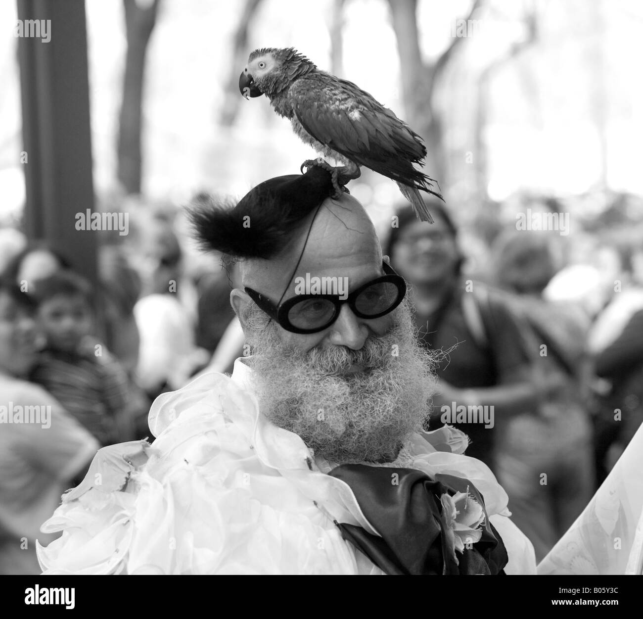 Un unico attore di strada nella città di New York con un uccello sulla sua testa Foto Stock