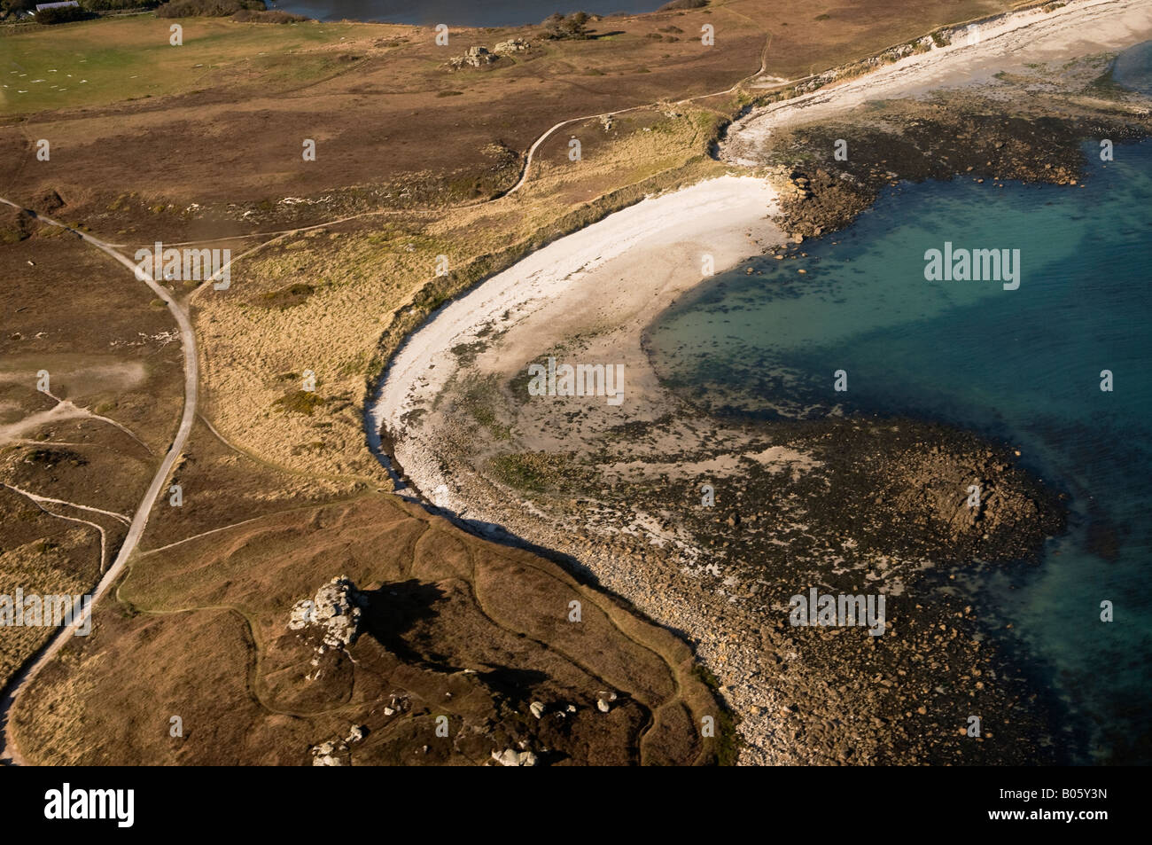 Vista aerea del litorale. Tresco, Isola di Scilly. Foto Stock