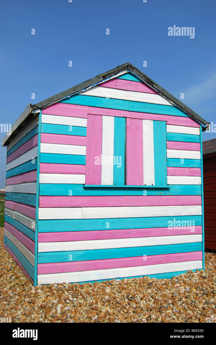 Pittoresca spiaggia di capanna, Hayling Island, Hampshire, Inghilterra, Regno Unito Foto Stock