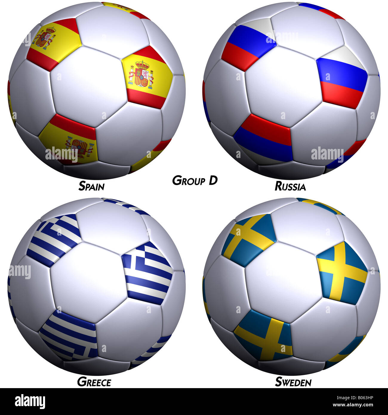 Quattro palloni da calcio con le bandiere dei paesi nel gruppo D nel campionato europeo 2008 Hi res 3D Rendering con tracciato di ritaglio Foto Stock