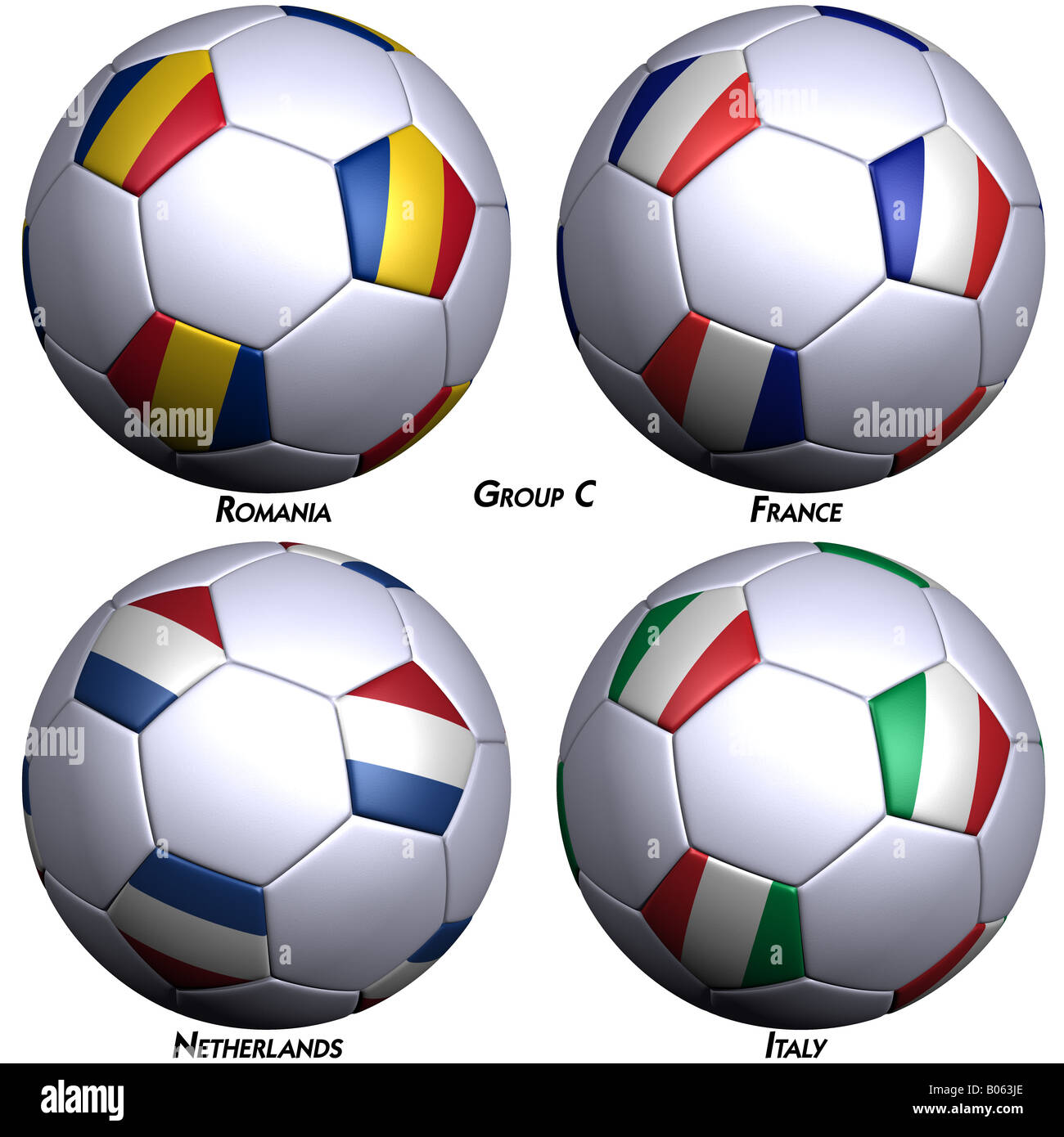 Quattro palloni da calcio con le bandiere dei paesi del gruppo C nel campionato europeo 2008 Hi res 3D Rendering con tracciato di ritaglio Foto Stock