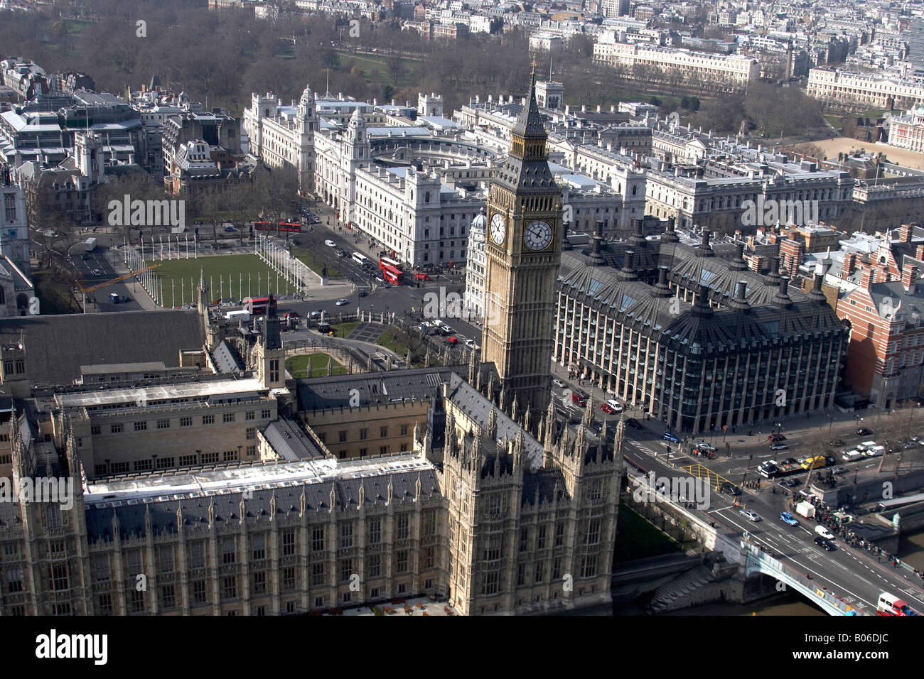 Vista aerea del nord est della Casa del Parlamento, il Big Ben Cabinet War Rooms Piazza del Parlamento estera Commonwealth Office London SW1 Foto Stock