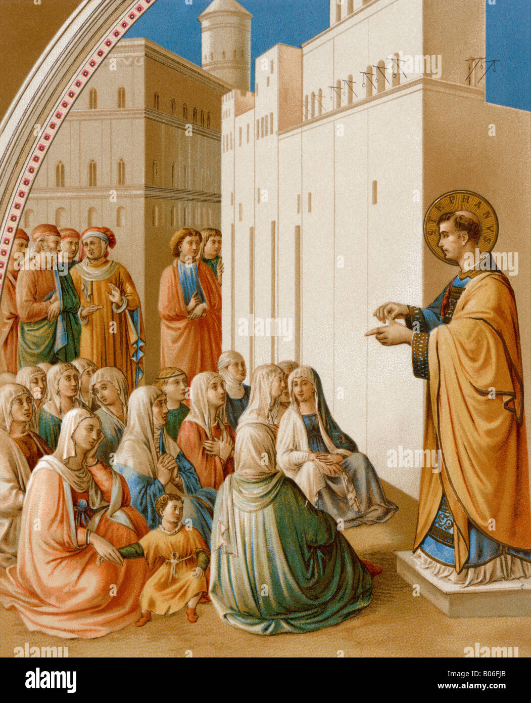 Santo Stefano predicazione in Gerusalemme. Litografia a colori Foto Stock