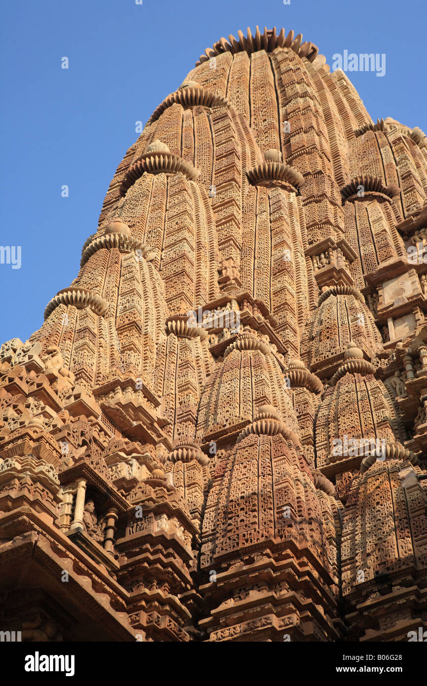 Shikhara di Kandariya Mahadev tempio indù, gruppo occidentale, sito Patrimonio Mondiale dell'UNESCO, Khadjuraho, Madhya Pradesh, India Foto Stock