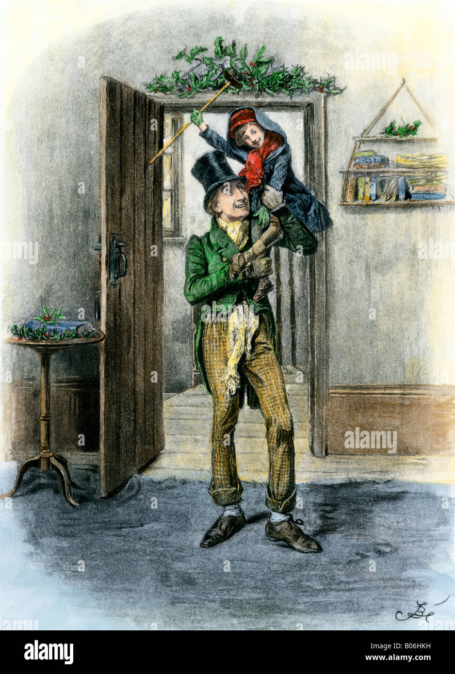 Tiny Tim portati nella celebrazione una illustrazione nella storia di Dickens A Christmas Carol. Colorate a mano fotoincisione di illustrazione. Foto Stock