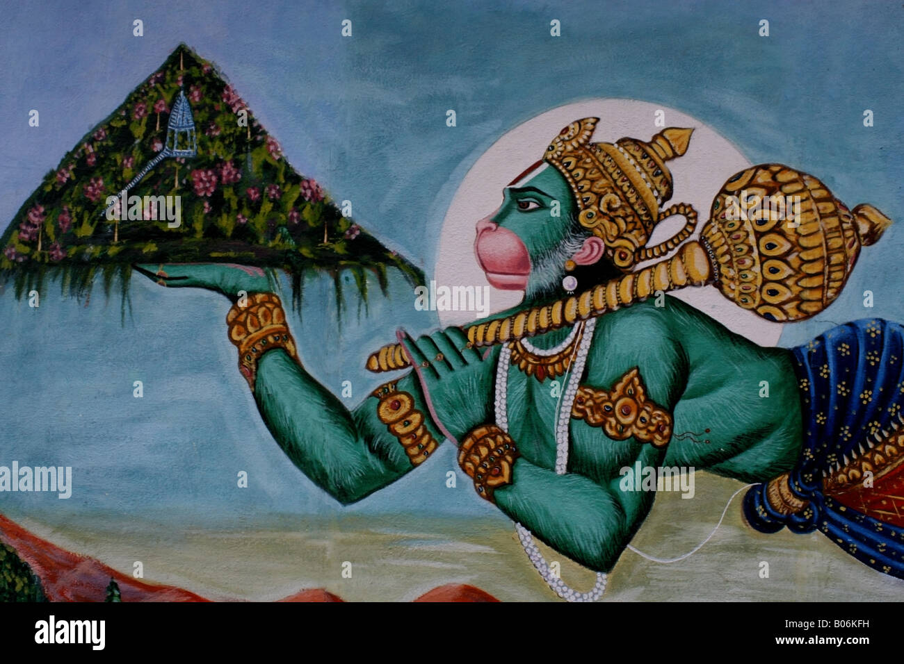 Murale di Hanuman indù dio scimmia portante il Gandhamadan montagna in un tempio in India Foto Stock