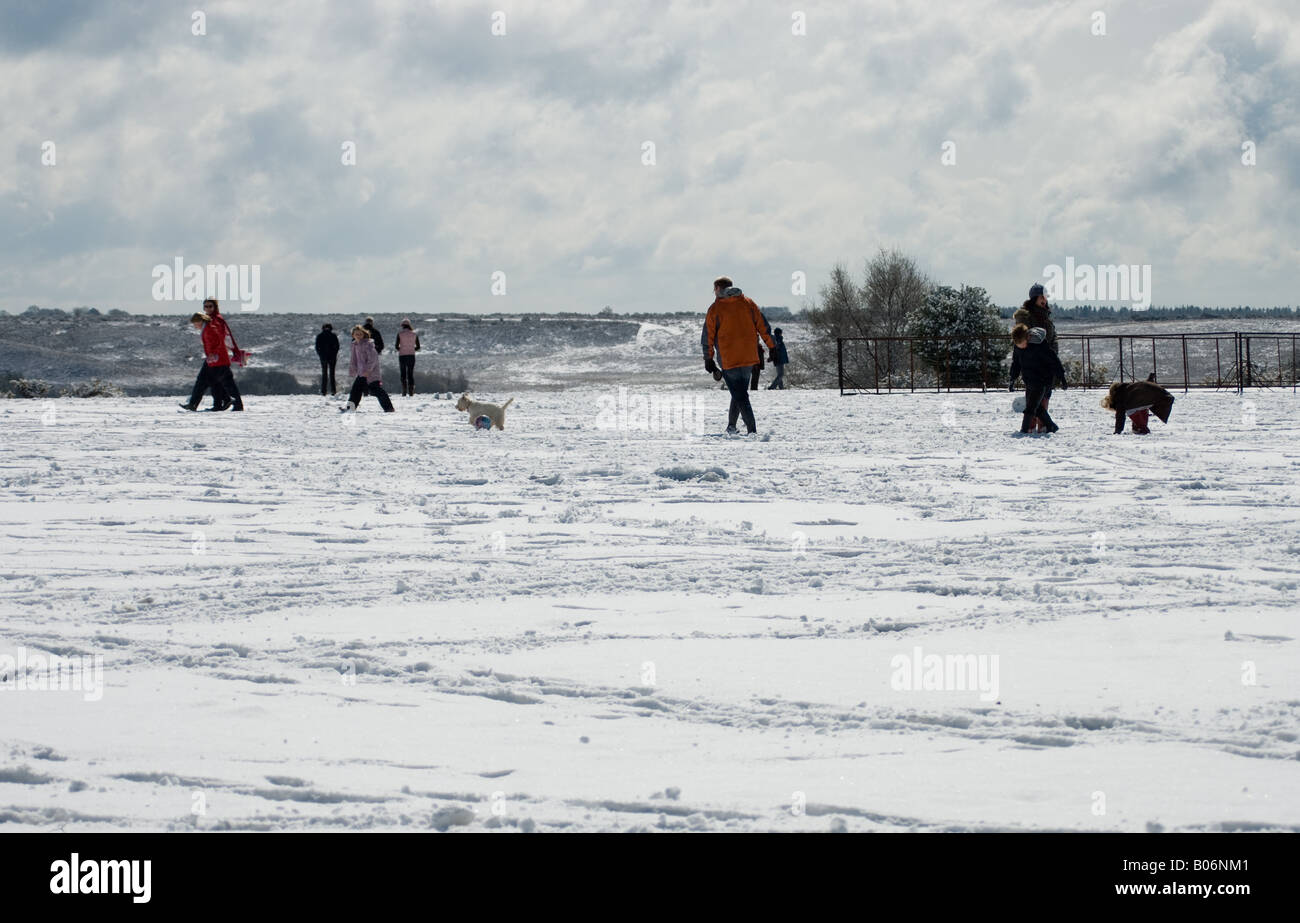 Le persone che si godono la neve alla divinità Hill, Nuovo Forrest, Hampshire, Inghilterra Foto Stock