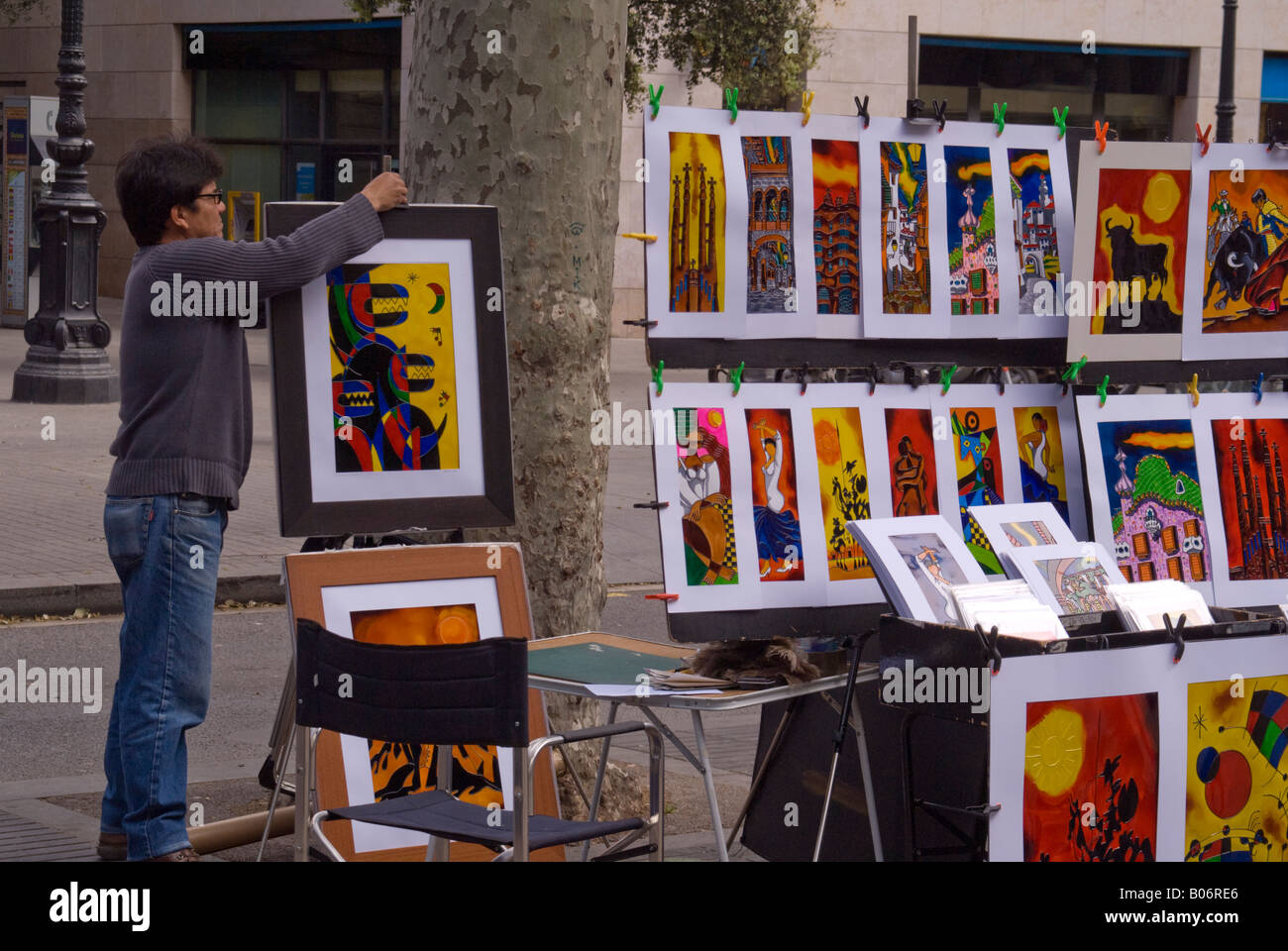La vendita di stampe su La Rambla, Barcelona, Spagna Foto Stock