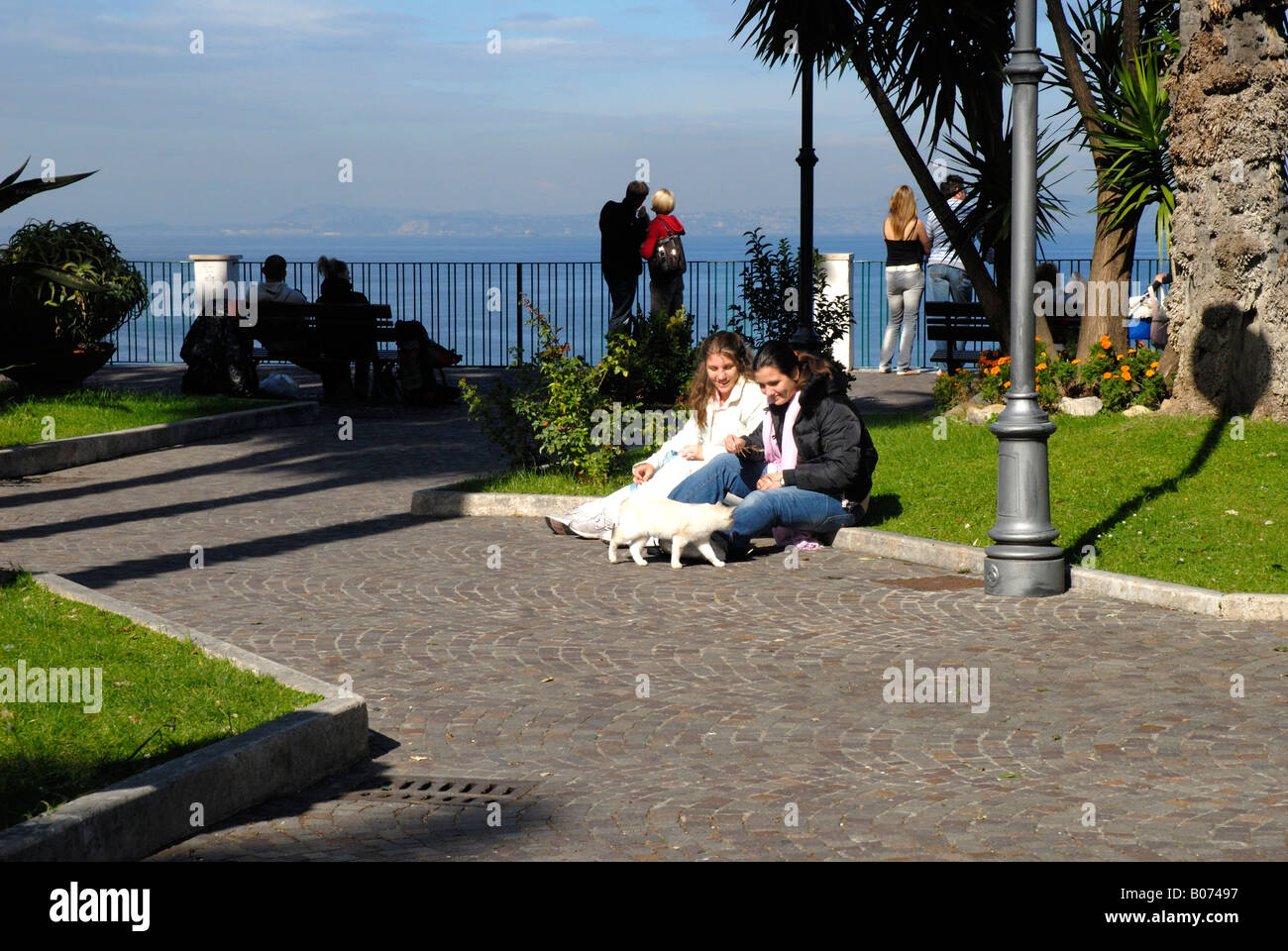 Le ragazze a giocare con il gatto nel parco in a Sorrento Italia Foto Stock