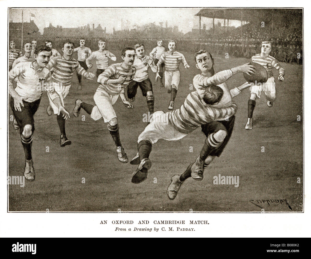 Oxford v Cambridge un Edwardian illustrazione del rugby annuale gamma corrispondono poi giocato al Queens Club Foto Stock