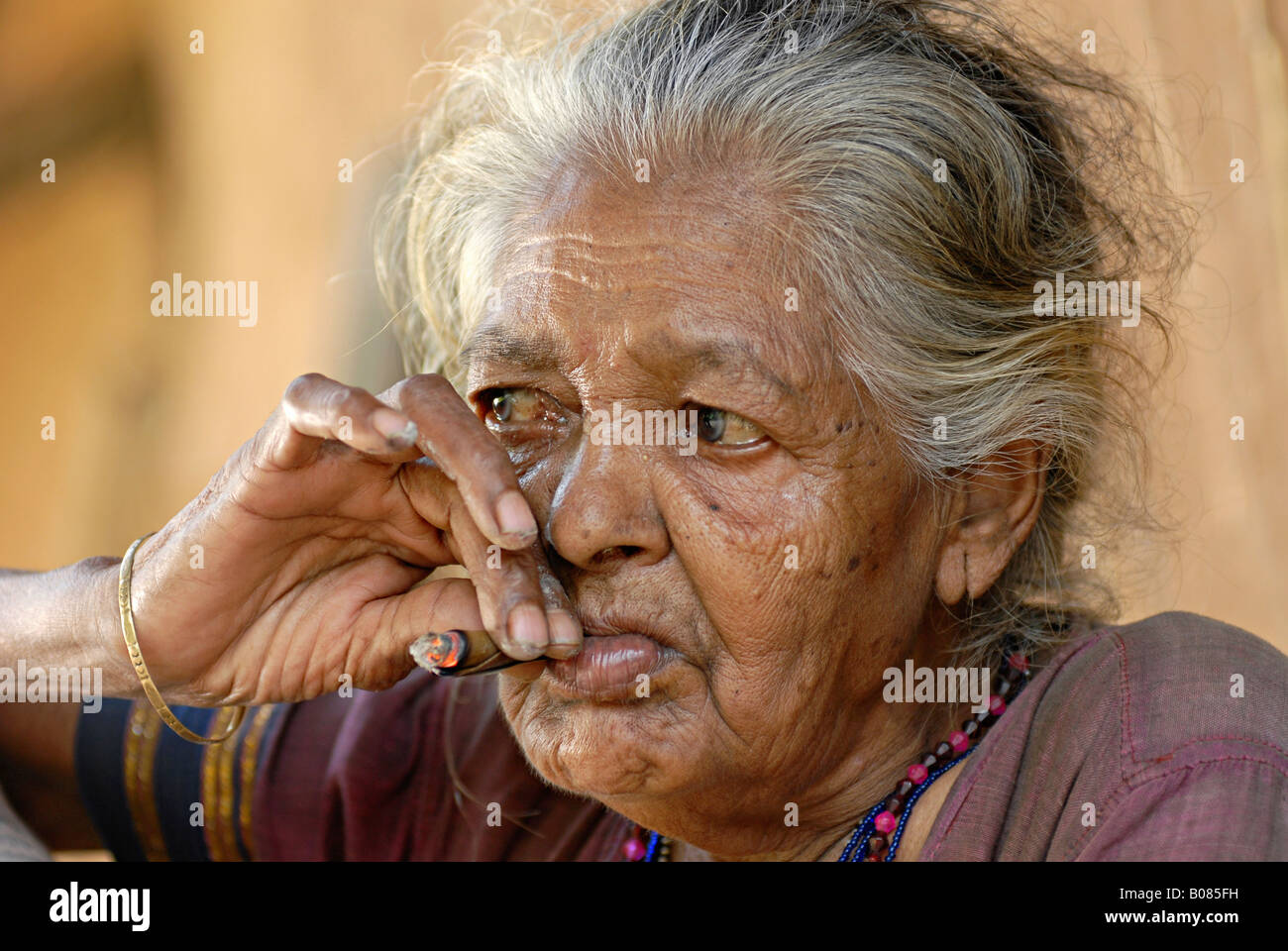 Closeup di una vecchia donna che fuma bidi, una sigaretta indiana fatta a mano di tabacco o foglie di beedi. Tribù Warli, Thane, India. Facce rurali dell'India Foto Stock