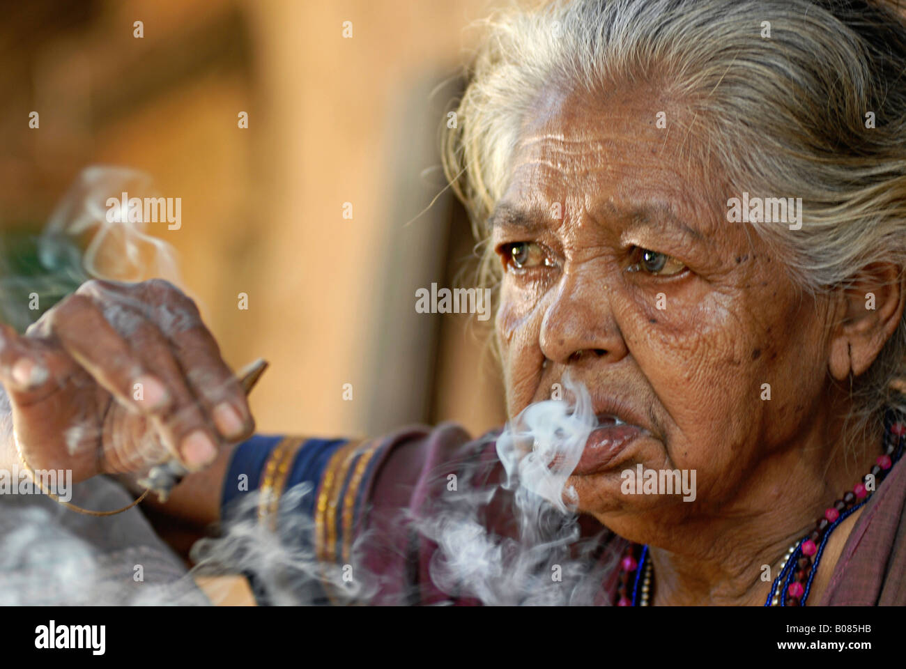 Primo piano di una vecchia donna fumatori bidi, un indiano a mano fatte di sigarette di tabacco o beedi foglie. Warli tribe Foto Stock