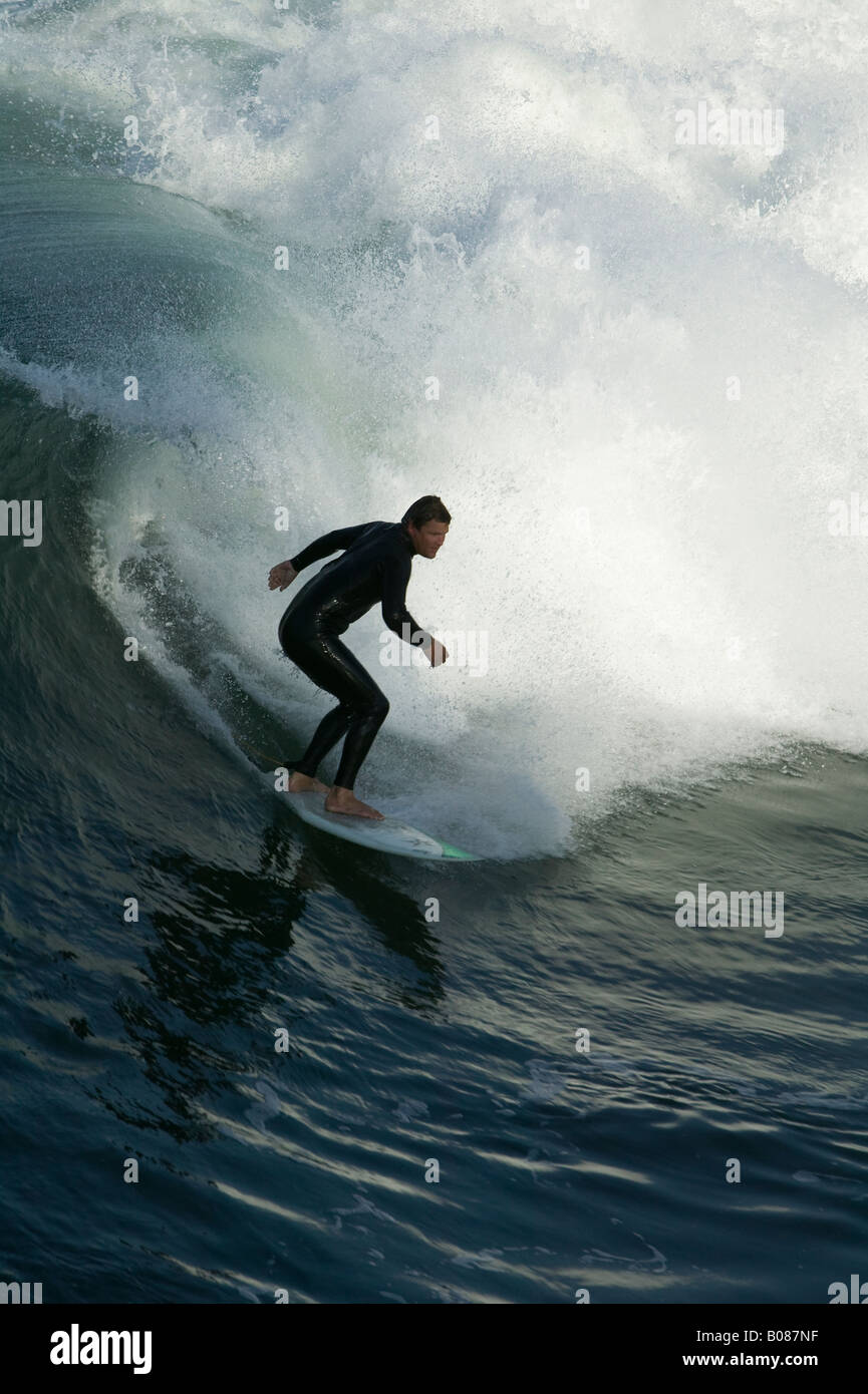 Un surfista saldi sulla sua tavola da surf come egli taglia lungo un'onda. Foto Stock
