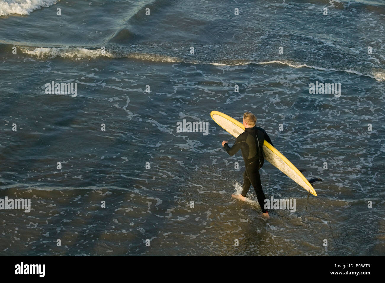 Un surfista porta la sua tavola da surf nell'oceano per un giorno di surf. Foto Stock
