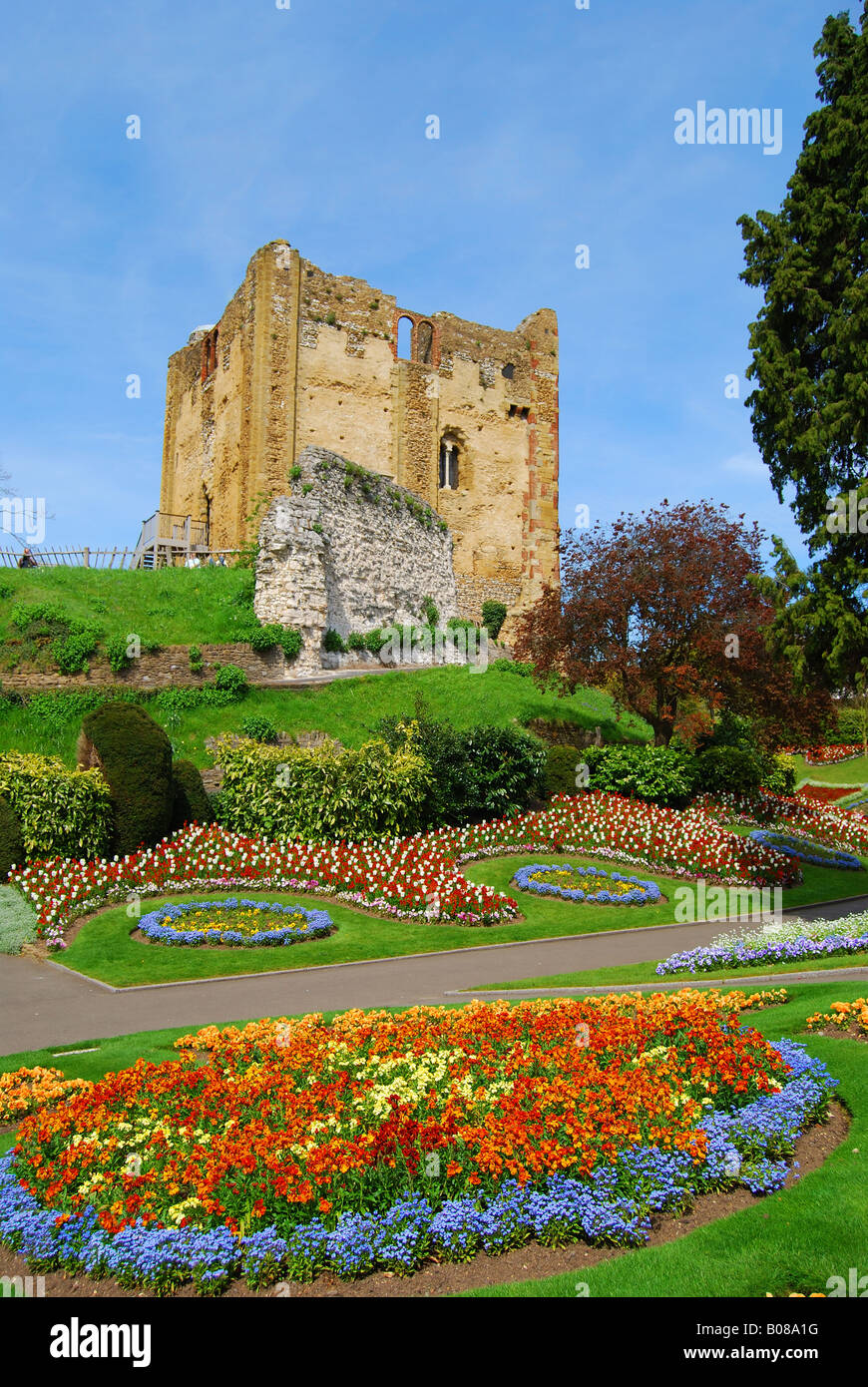 Guildford Castello e giardini in primavera, Castle Street, Guildford, Surrey, Inghilterra, Regno Unito Foto Stock