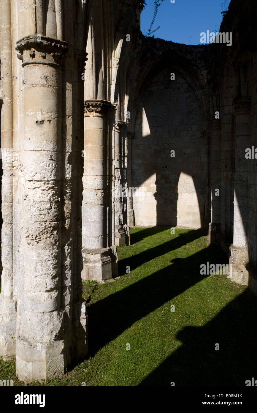 Colonne e pilastri resti di un monastero francese del benedettino Abbaye de Jumièges in Jumieges Normandie Francia. Foto Stock