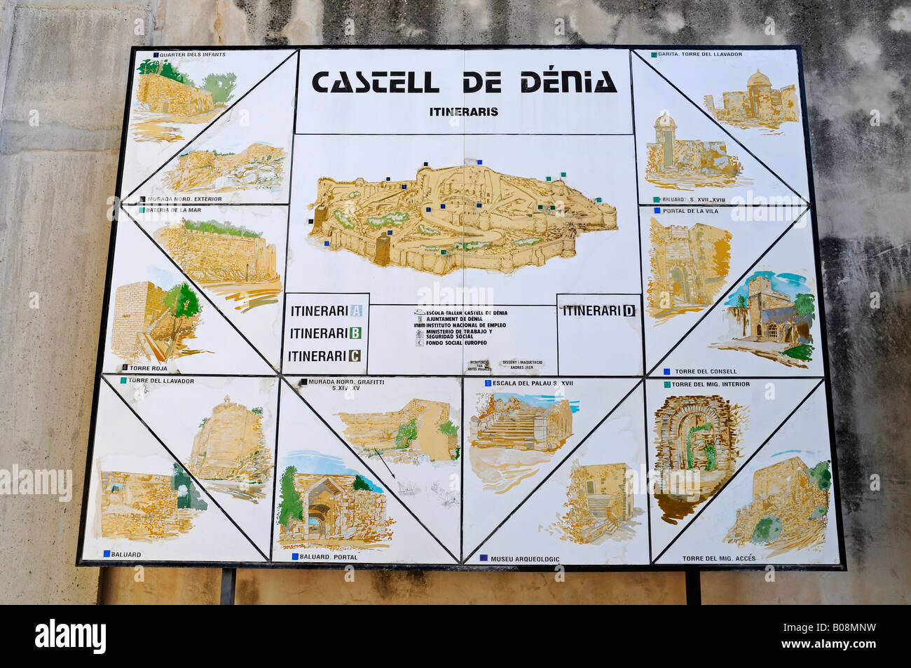 Mappa del Castell de Dénia, castello di Denia, Valencia, Costa Blanca, Spagna Foto Stock