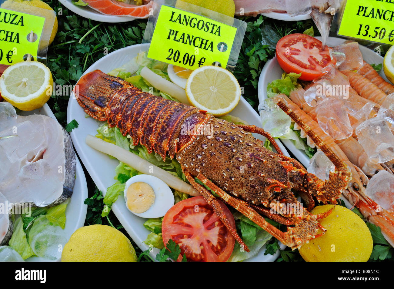 L'aragosta in un ristorante di pesce, Calpe Alicante, Costa Blanca, Spagna Foto Stock