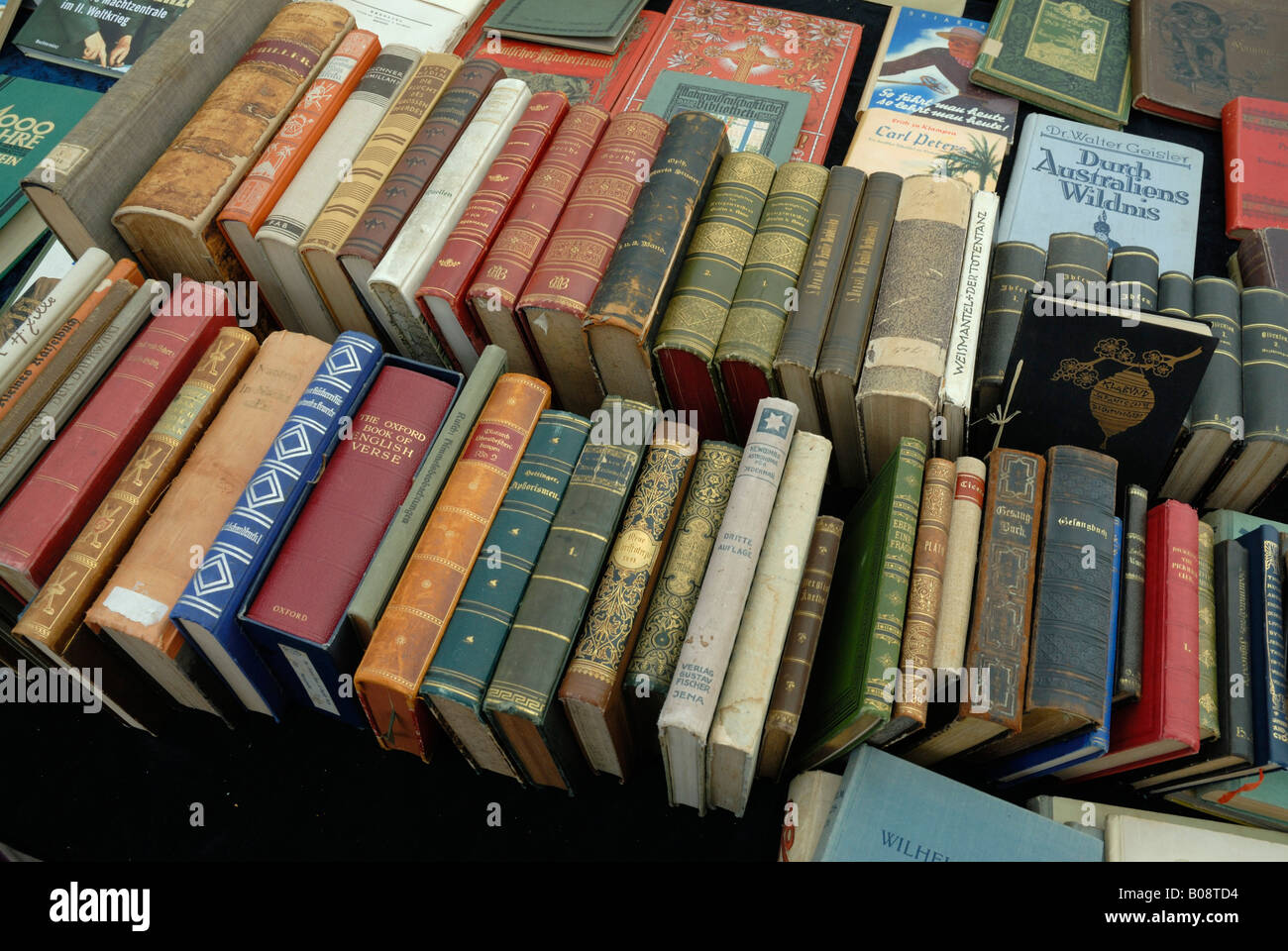 Antiquario di libri a una vendita di libri Foto Stock