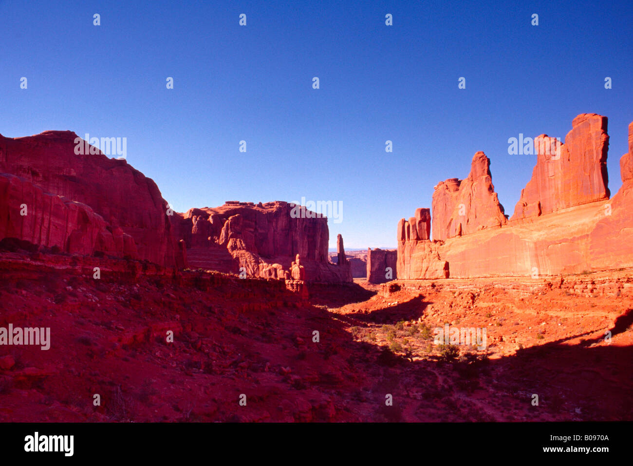 Courthouse Towers, Arches National Park, Utah, Stati Uniti d'America Foto Stock