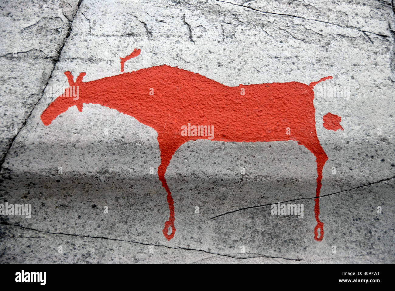 Rappresentazione di un'elk defecare, pittura rock, rock arte in Alta, Norvegia e Scandinavia Foto Stock
