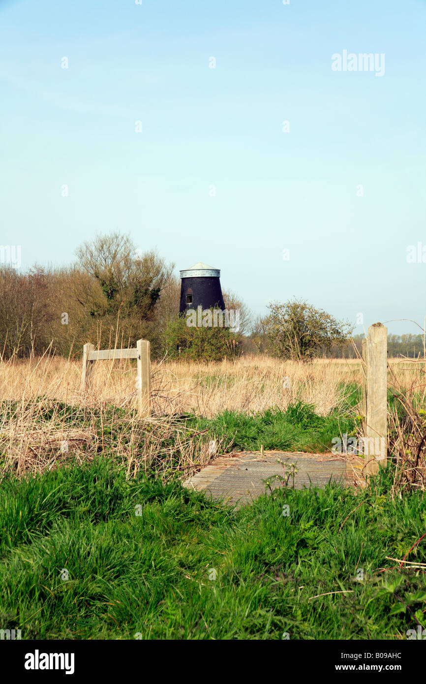 Tunstall Dyke mulino di drenaggio dal punto di vista di un sentiero pubblico a Tunstall, vicino Acle, Norfolk, Regno Unito. Foto Stock