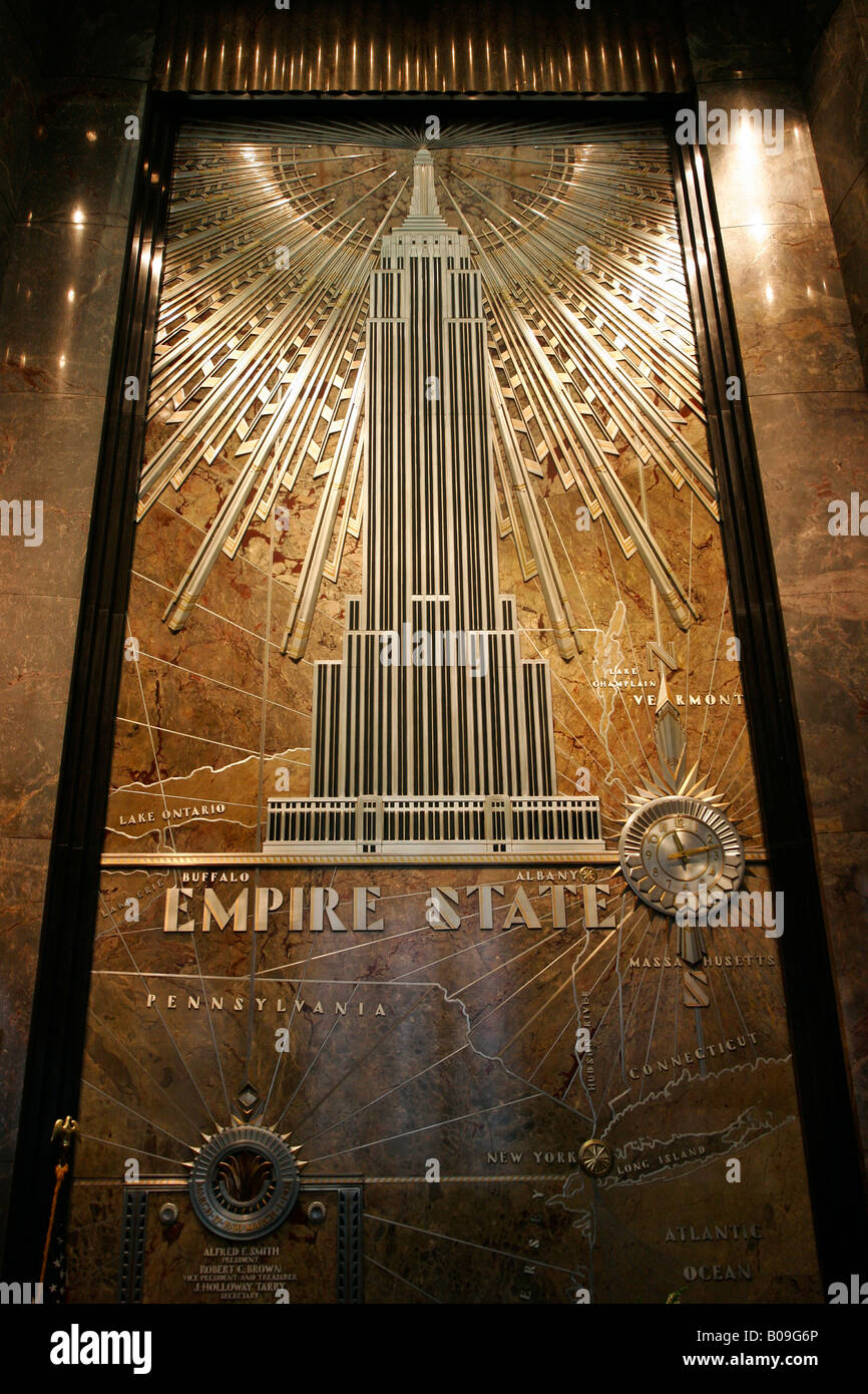 Empire State Building segno, New York City, Stati Uniti d'America. Foto Stock