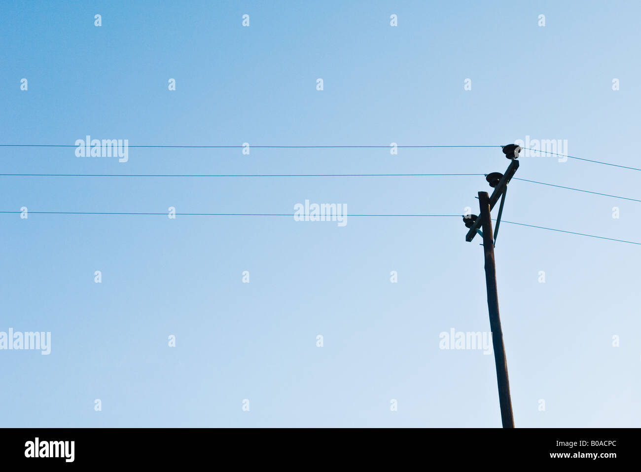 Linea telefonica e cielo blu, basso angolo di visione Foto Stock