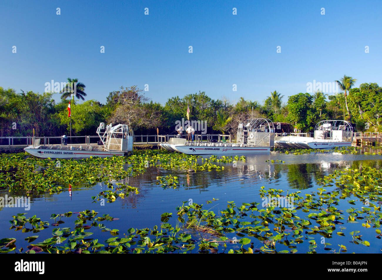 Airboats pronto a dare ai turisti un viaggio attraverso le Everglades della Florida USA Foto Stock