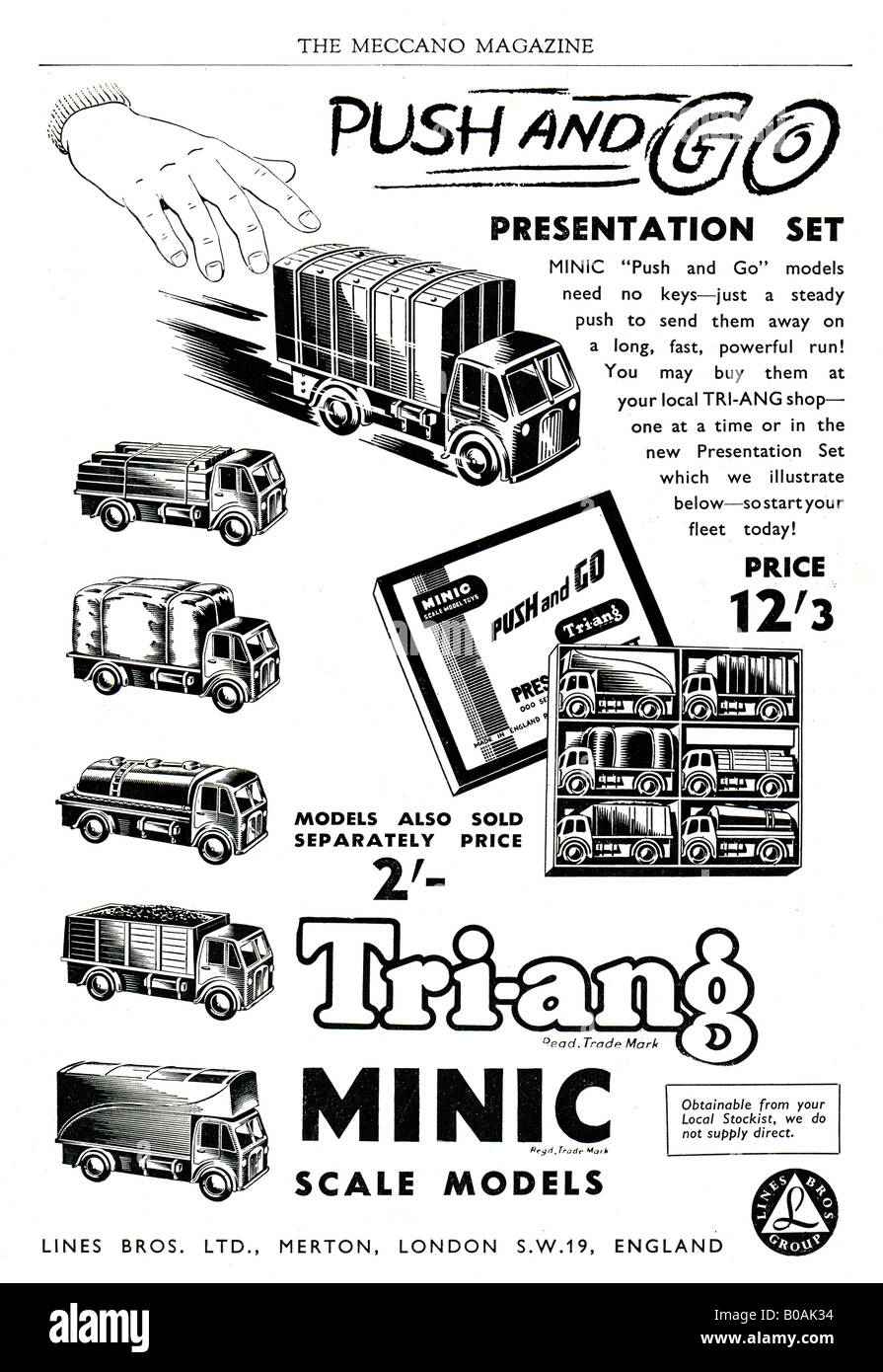 Pubblicità per il Tri-ang Minic di modelli in scala di autocarri Ottobre 1953 per solo uso editoriale Foto Stock