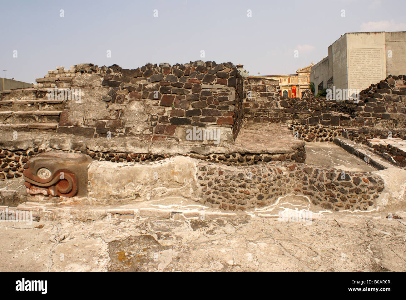 Serpente Writhing scultura con rovine Azteche del Templo Mayor o il grande tempio di Tenochtitlan, Città del Messico Foto Stock