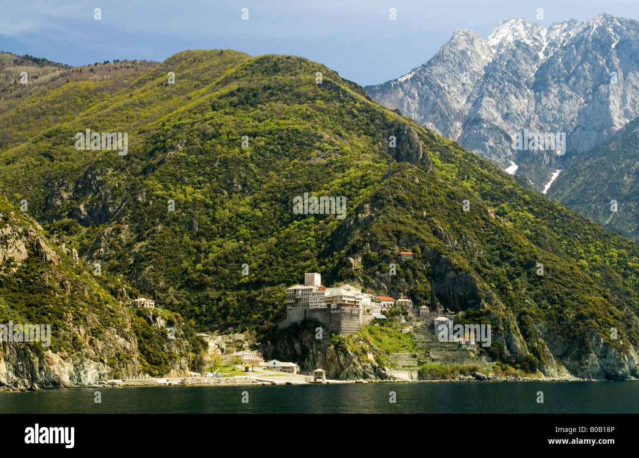 Dionysiou monastero e il Monte Athos Halkidiki Foto Stock