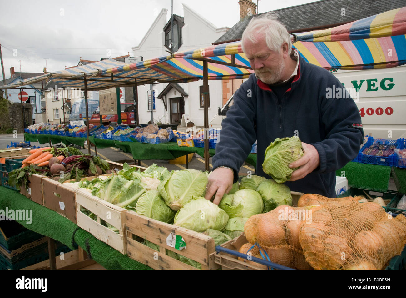 Stallholder disponendo di verdure a Lampeter mercato all'aperto Galles Ceredigion REGNO UNITO Foto Stock