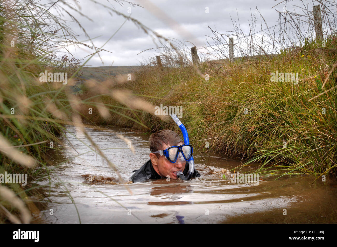 Un concorrente nella INTERNATIONAL BOG SNORKELLING campionati a Llanwrtyd Wells POWYS Wales UK Foto Stock