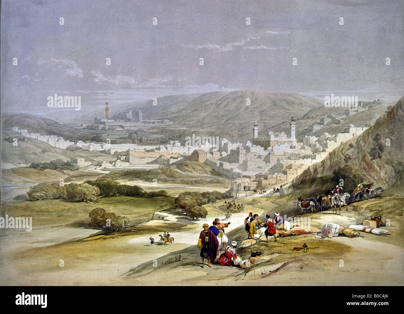 Vista da una distanza del quartiere ebraico di Hebron con paesaggio in primo piano. Roberts, David, 1796-1864, artista. Foto Stock